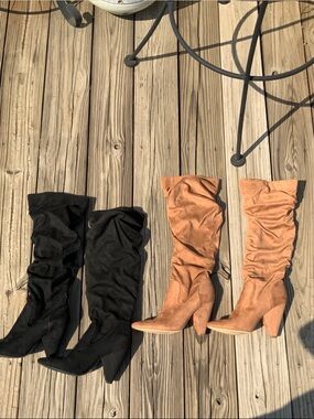 Slouchy Knee-High Heeled Boots in Black and Tan